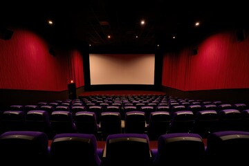 Fototapeta premium Rows of Empty Purple Seats in a Dark Movie Theater with a Large Screen and Red Curtains Ready for the Next Film
