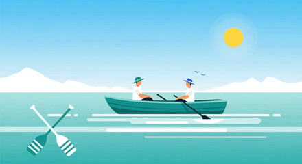 Illustration of two people rowing a boat on a peaceful lake under the sun