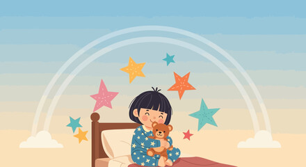 Naklejka premium Little Girl Hugging Teddy Bear Surrounded by Stars in Dreamy Bedroom