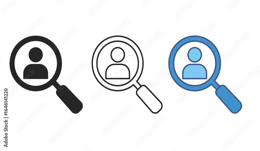 Poster three variations of a search icon with a person inside representing job search employee search recru