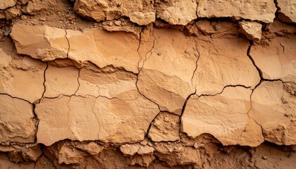 Fototapeta premium Close Up Of Detailed Cracked Clay Wall Texture Showing Natural Brown Layered Tones