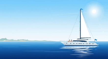 Naklejka premium Luxury yacht sailing on calm sea, idyllic scene of relaxation and freedom, nautical escape under a bright sky