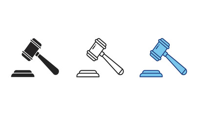 Minimalist Gavel Icon Set Depicting Law Justice and Legal Proceedings in Outline Solid and Colored Styles for Versatile Design Applications