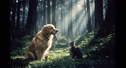 A loyal dog and a curious cat find friendship in a magical forest