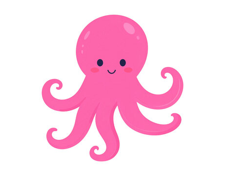 Cute Cartoon-Style Pink Octopus with Smiling Face, Isolated