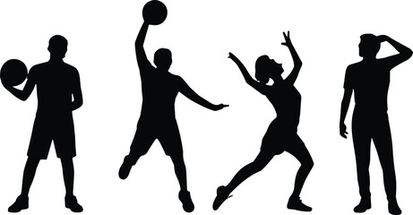 Basketball and expressive pose silhouette vector set, dynamic human gestures illustration, CAD drawing flat vector illustration