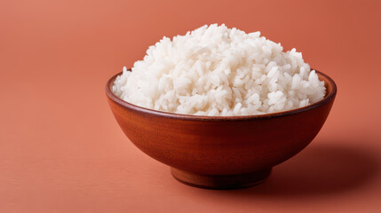 A bowl of fluffy white rice sits against a warm, earthy background, highlighting its simplicity and culinary versatility.