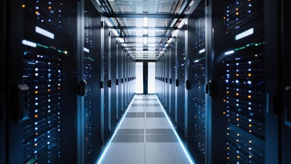 Server room with rows of computer equipment and glowing lights representing data storage and information technology infrastructure for cloud computing and data center management in a modern facility