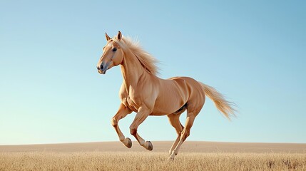 Breed character energetic, golden run stunning golden horse galloping freely across a grassy landscape under a clear blue sky, capturing the essence of motion and vitality in nature.