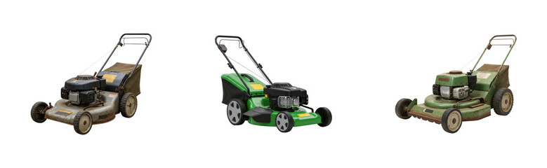 Fototapeta premium Lawn mowing action with various lawn mowers in outdoor garden setting equipment showcase natural environment. Set cut out PNG