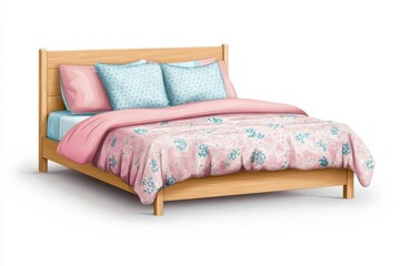 Comfortable wooden bed with pink and blue bedding isolated on white background