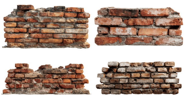 Weathered Wall: A set of four weathered brick walls, each a testament to time and craftsmanship, showcasing varying degrees of decay and texture.