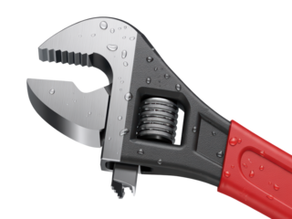 Adjustable Wrench with Red Handle and Water Drops
