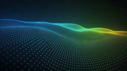 Abstract Landscape of Digital Waveforms with Blue, Green, and Yellow Gradient Illumination and Dot Pattern