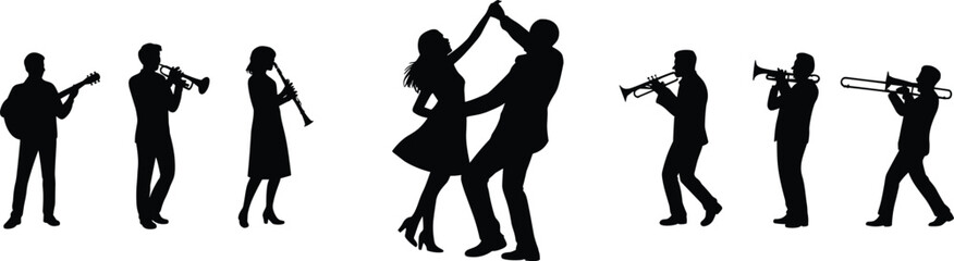 Musicians and dancers silhouette vector, festive performance illustration, live music celebration graphic, CAD drawing flat vector illustration
