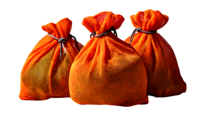 Three vibrant orange drawstring mesh bags filled with treasure, evoking wealth and abundance, perfect for financial success concepts. Isolated to Transparent Background