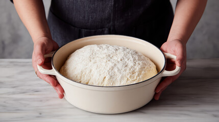 A person holds a bowl of dough covered in flour, showcasing the art of bread-making in a cozy kitchen setting.