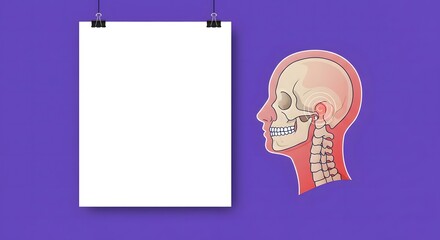 Anatomical illustration of human skull next to blank paper on purple background  
