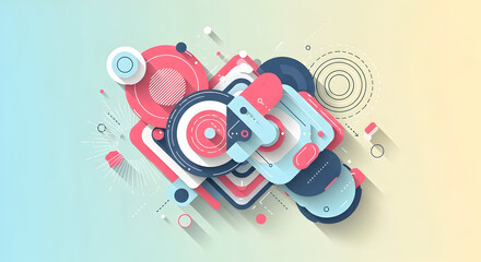 Abstract geometric concept art with dynamic composition of shapes and long shadows on a soft gradient background.