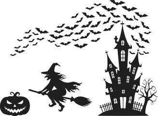 Halloween witch flying past haunted house and bats