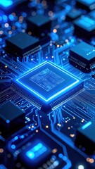Futuristic Circuit Board with Illuminated AI Chip in Deep Blue Tones Detailed Electronic Component Arrangement