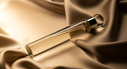 Naklejka premium A perfume bottle rests diagonally on a luxurious, flowing, golden silk fabric, illuminated by soft light.