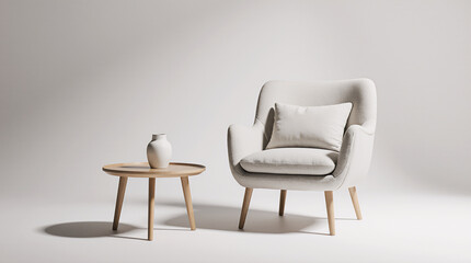 Fototapeta premium White armchair and wooden coffee table on white background
