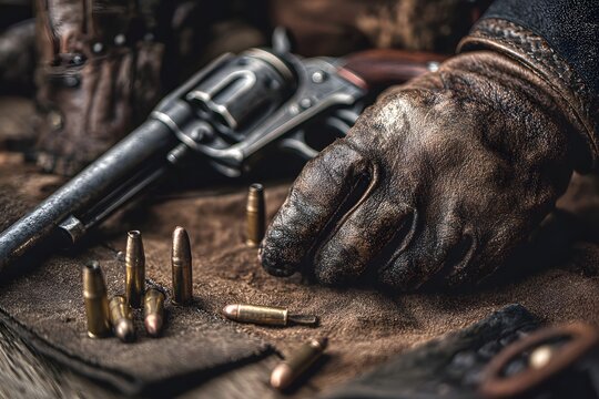 Cowboy reloading revolver with leather gloves