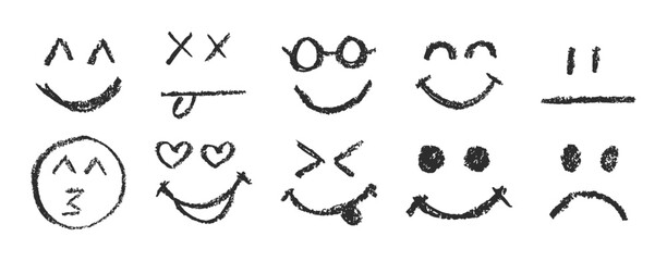 Set of emoji crayon faces. Different faces with emotions and crayon pencil texture	