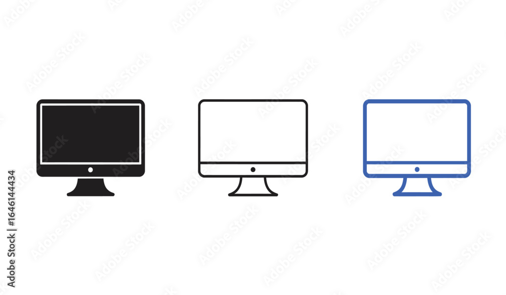 Poster minimalist icon set featuring a smartphone desktop computer and tablet device in black white and blu