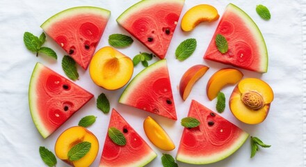 Sliced Watermelon and Peaches with Mint Leaves on White Fabric fruit fresh
