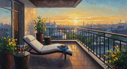 A cozy balcony with a sun lounger and a sunset view over the cityscape, oil painting