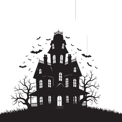 Obraz premium Spooky haunted mansion with bats and bare trees haunted house