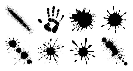 Fototapeta premium Black ink splatters and handprint graphic elements splash paint