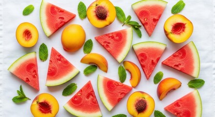 Sliced watermelon and peaches with mint leaves scattered on white background fruit fresh