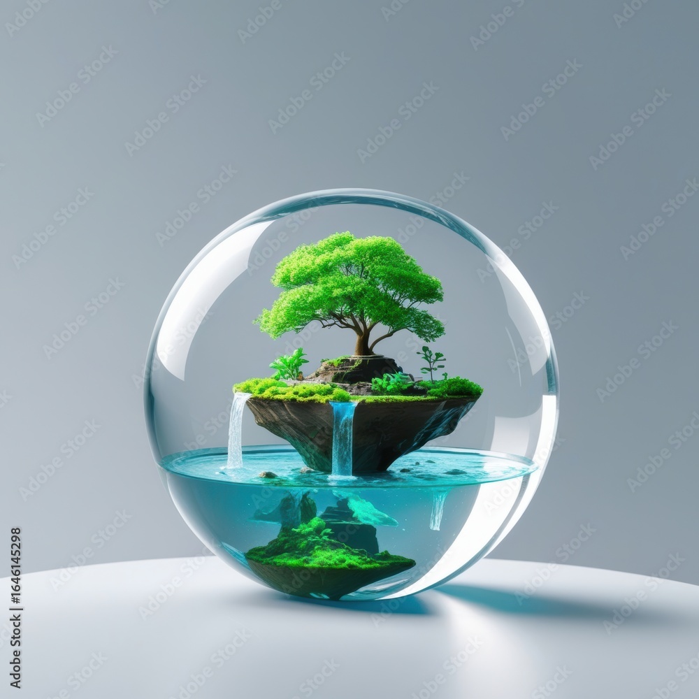 Poster miniature floating island with tree and waterfalls inside a glass sphere on a light background
