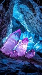 Urban exploration mystery underground Vibrant Crystals in a Mysterious Cave with Blue and Purple Glow