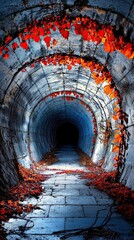 Urban exploration mystery underground Enigmatic Tunnel with Vibrant Red Leaves in Dark Confinement
