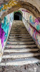 Urban exploration mystery underground Abandoned Staircase in Rundown Urban Space with Colorful Graffiti