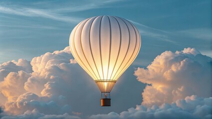Fototapeta premium A majestic white hot air balloon glows with warm light as it ascends through a dramatic sky filled with fluffy clouds