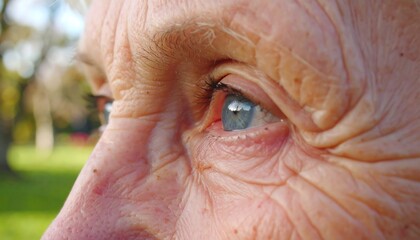Close-up of an Elderly Person's Eye, Revealing Wrinkles and Blue Iris