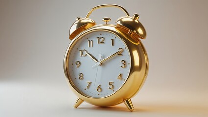 Golden retro-style alarm clock with white dial and gold numerals on a neutral background