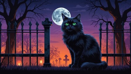 Black cat with glowing green eyes sitting in a graveyard under a full moon at night, Halloween theme