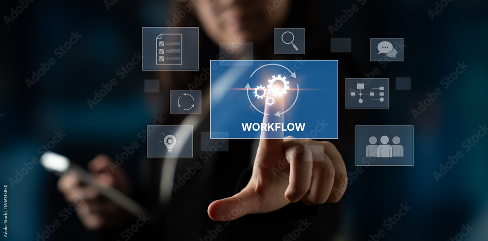 Poster workflow optimization concept featuring interconnected gears, task management, collaboration, proces