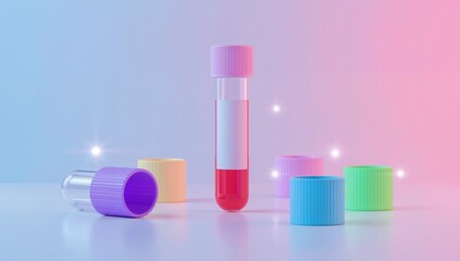 Colorful laboratory test tubes with caps on a gradient background, one filled with red liquid