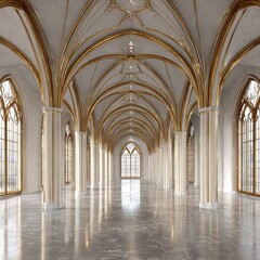 Fototapeta premium Grand arched hall with ornate columns and gothic windows