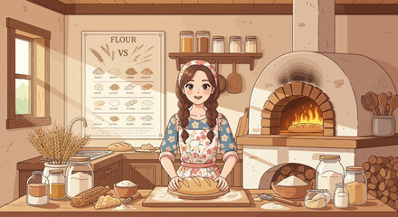 Cartoon image of a baker in a rustic kitchen preparing homemade bread near a brick oven