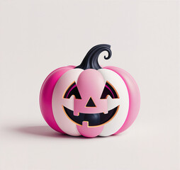 Pink and white Halloween pumpkin with carved jack-o'-lantern face on light background