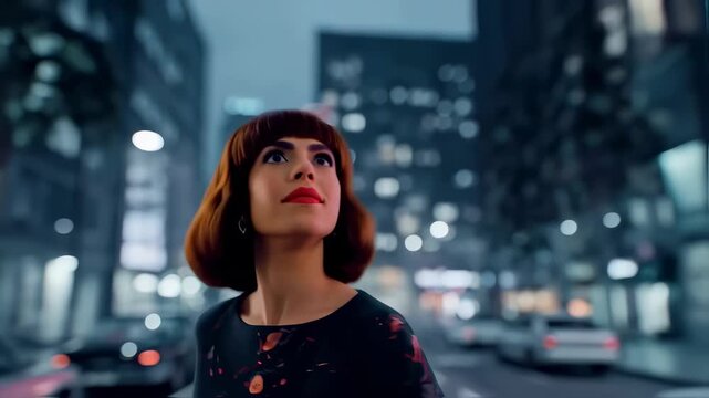 A young adult female with a stylish bob haircut and vibrant red lips gazes upwards, appearing contemplative on a bustling city street at night with glowing bokeh lights.