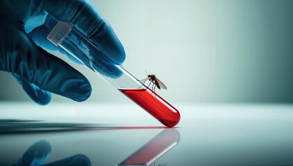Gloved hand holding test tube with blood and mosquito on surface in laboratory setting